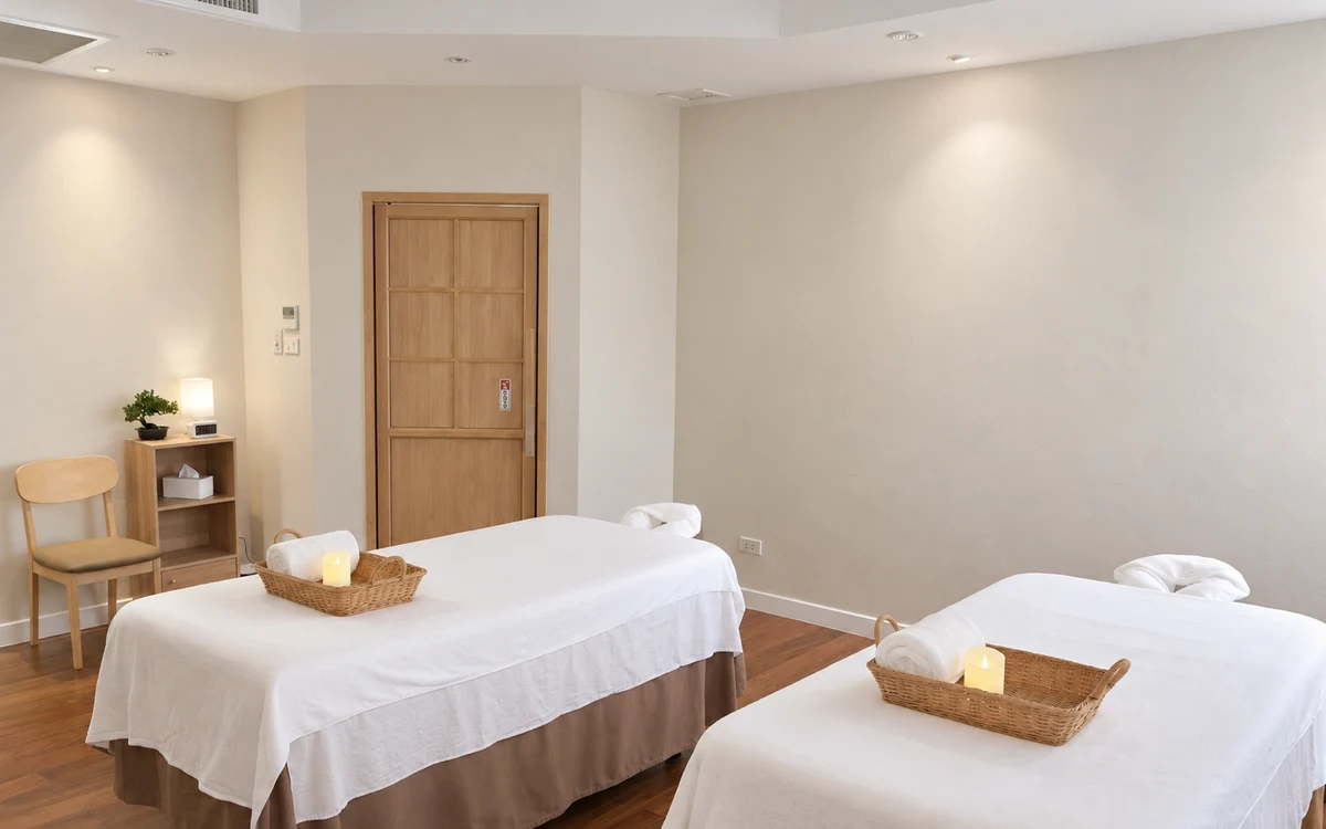 A bright massage room with two treatment beds