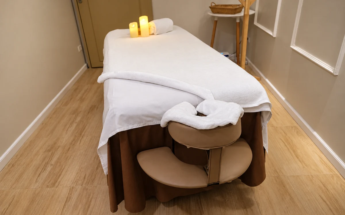 A single massage bed arranged with linens and candles