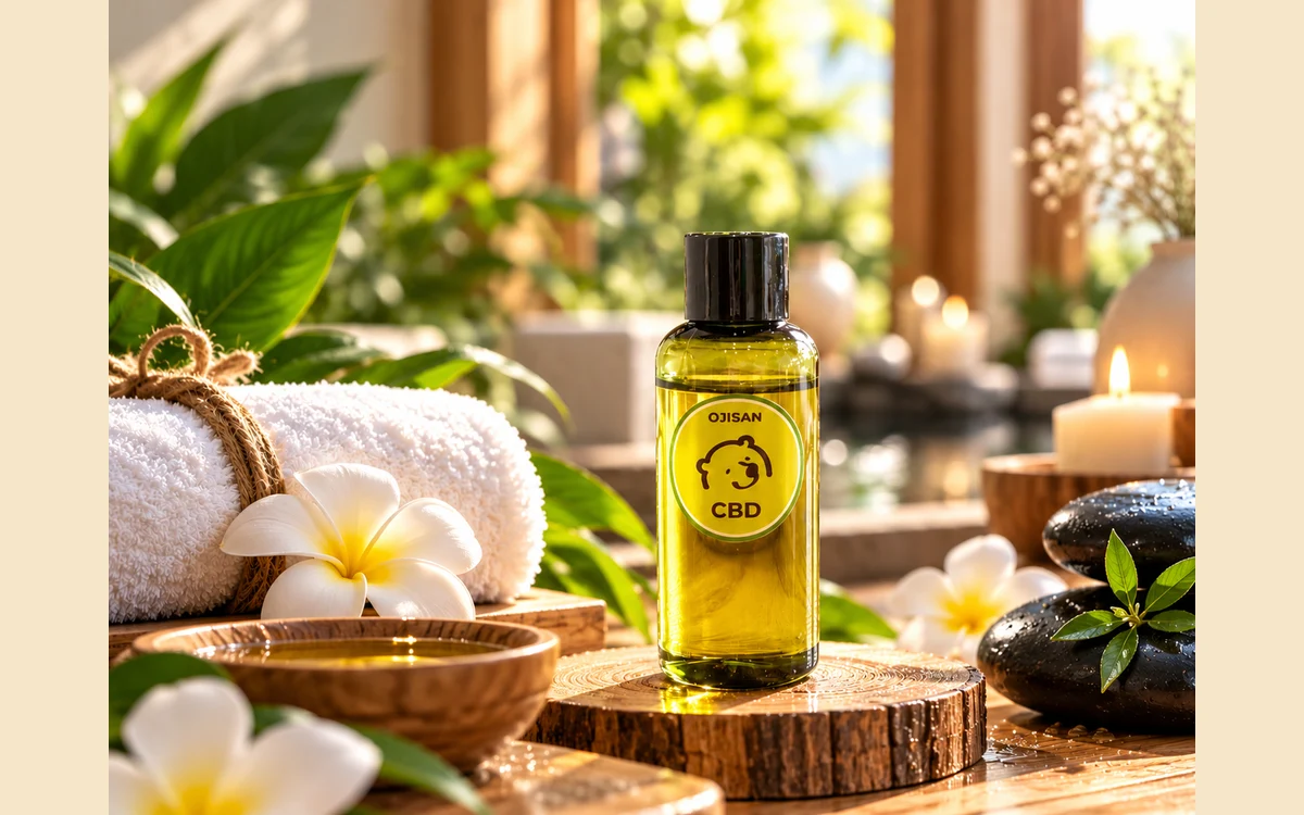 A gold bottle labeled Ojisan CBD on a tree stump beside white fabric, frangipani flowers, a candle and spa stones
