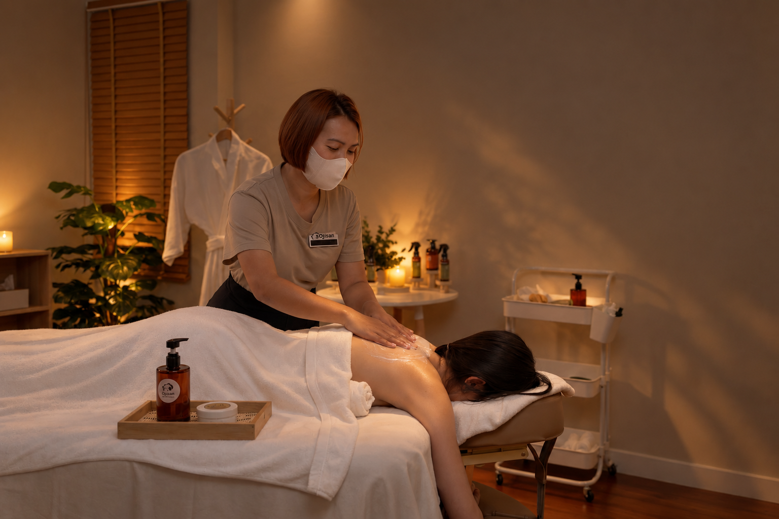 Therapist นวดน้ำมันบริเวณหลังของผู้รับบริการในห้องแสงสีส้มอบอุ่น